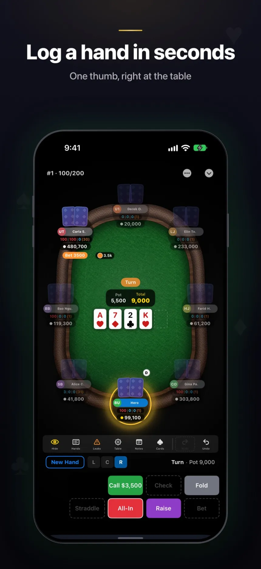 App Store screenshot of TiltFree: Poker Hand Tracker: Live poker hand journal & AI coach