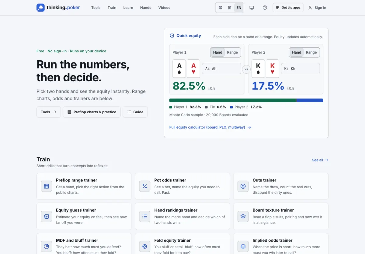 thinking.poker home page with a quick equity calculator showing aces against kings